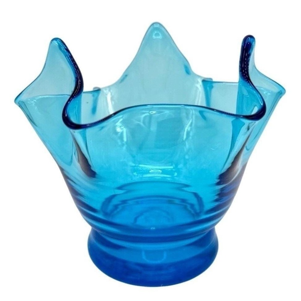 Vintage Bischoff Blue Handkerchief Vase 5.5x6" Crimped‎ Art Glass Bowl w Label